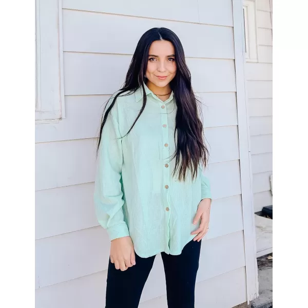 HOTOUCH Waffle Button Down Shirt Women Casual Knit Tops Long Sleeve Loose Fit Shacket with PocketGreen