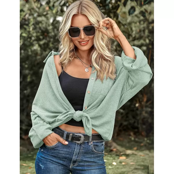 HOTOUCH Waffle Button Down Shirt Women Casual Knit Tops Long Sleeve Loose Fit Shacket with PocketGreen