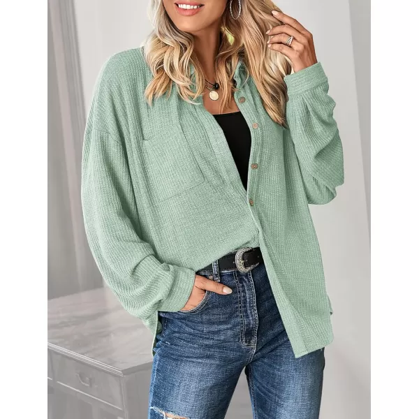 HOTOUCH Waffle Button Down Shirt Women Casual Knit Tops Long Sleeve Loose Fit Shacket with PocketGreen