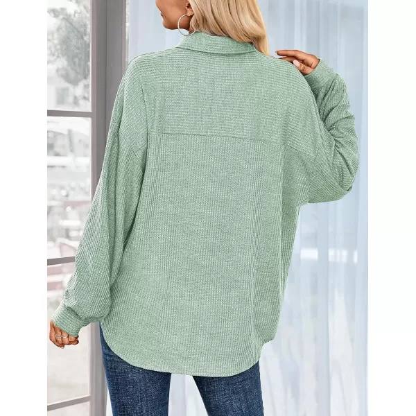 HOTOUCH Waffle Button Down Shirt Women Casual Knit Tops Long Sleeve Loose Fit Shacket with PocketGreen