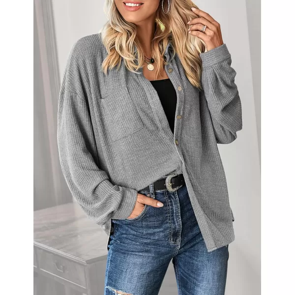 HOTOUCH Waffle Button Down Shirt Women Casual Knit Tops Long Sleeve Loose Fit Shacket with PocketLight Grey