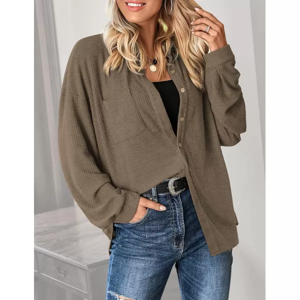 HOTOUCH Waffle Button Down Shirt Women Casual Knit Tops Long Sleeve Loose Fit Shacket with PocketOlive Green