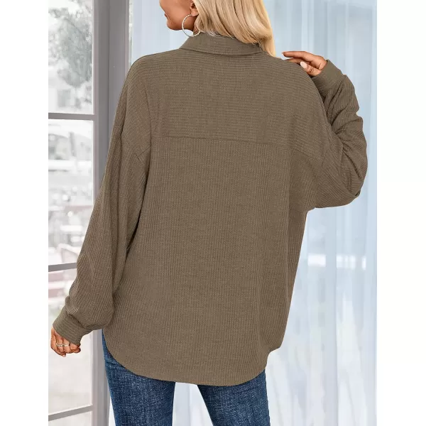 HOTOUCH Waffle Button Down Shirt Women Casual Knit Tops Long Sleeve Loose Fit Shacket with PocketOlive Green