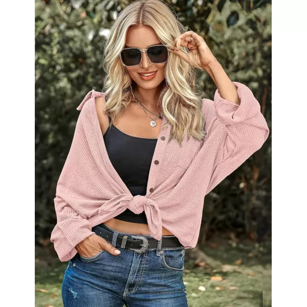 HOTOUCH Waffle Button Down Shirt Women Casual Knit Tops Long Sleeve Loose Fit Shacket with PocketPink