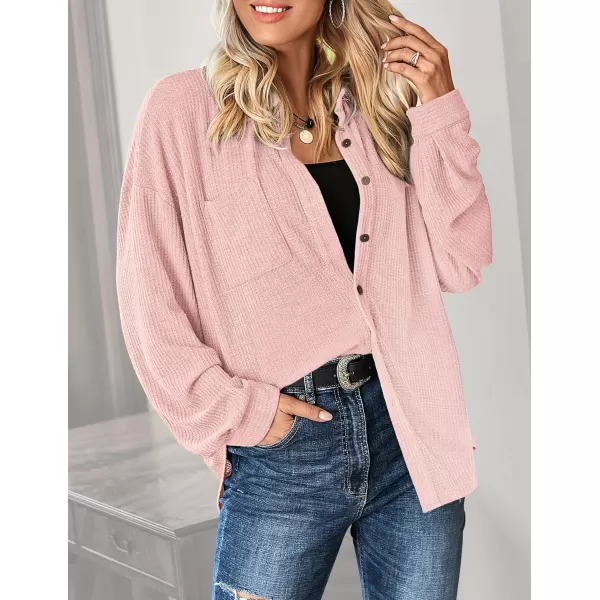 HOTOUCH Waffle Button Down Shirt Women Casual Knit Tops Long Sleeve Loose Fit Shacket with PocketPink