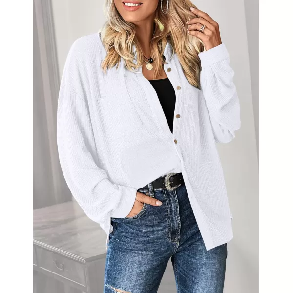HOTOUCH Waffle Button Down Shirt Women Casual Knit Tops Long Sleeve Loose Fit Shacket with PocketWhite