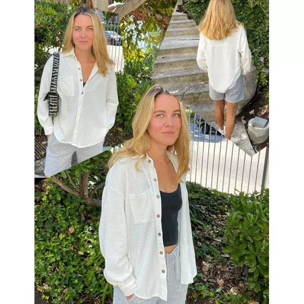 HOTOUCH Waffle Button Down Shirt Women Casual Knit Tops Long Sleeve Loose Fit Shacket with PocketWhite