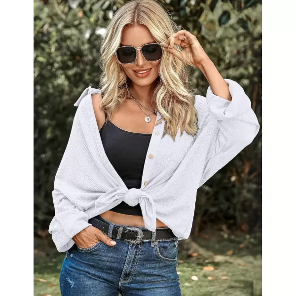HOTOUCH Waffle Button Down Shirt Women Casual Knit Tops Long Sleeve Loose Fit Shacket with PocketWhite