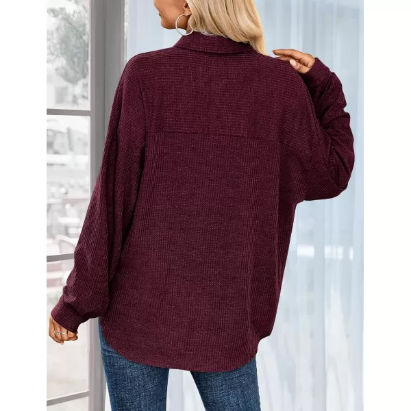 HOTOUCH Waffle Button Down Shirt Women Casual Knit Tops Long Sleeve Loose Fit Shacket with PocketWine Red