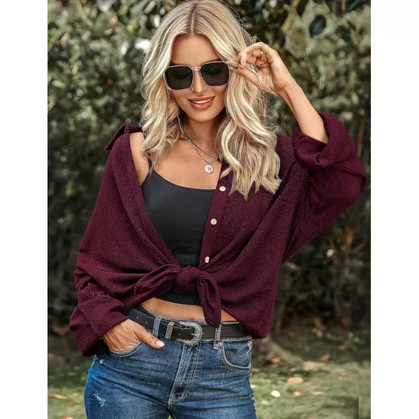 HOTOUCH Waffle Button Down Shirt Women Casual Knit Tops Long Sleeve Loose Fit Shacket with PocketWine Red