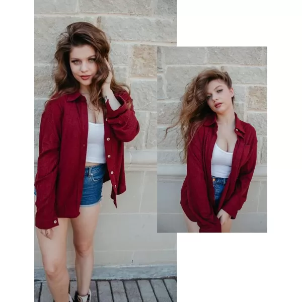 HOTOUCH Waffle Button Down Shirt Women Casual Knit Tops Long Sleeve Loose Fit Shacket with PocketWine Red