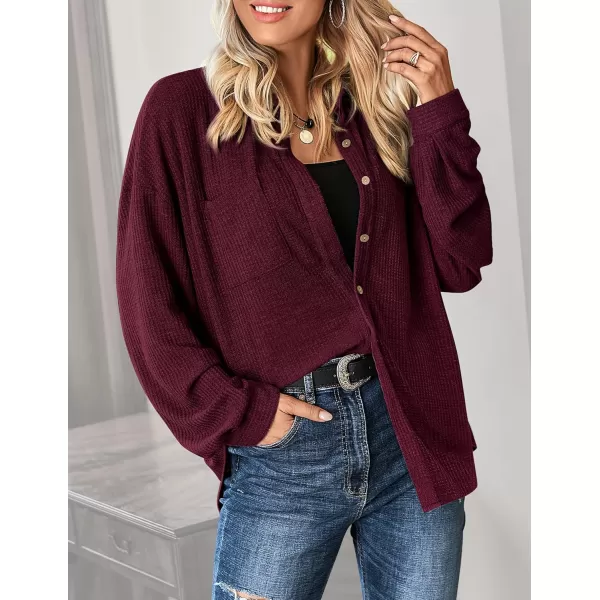 HOTOUCH Waffle Button Down Shirt Women Casual Knit Tops Long Sleeve Loose Fit Shacket with PocketWine Red