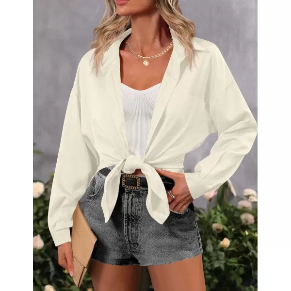HOTOUCH Women Button Down Shirts Office Drop Shoulder Oversized Blouse Long Sleeve Boyfriend Dress Shirt with PocketsBeige