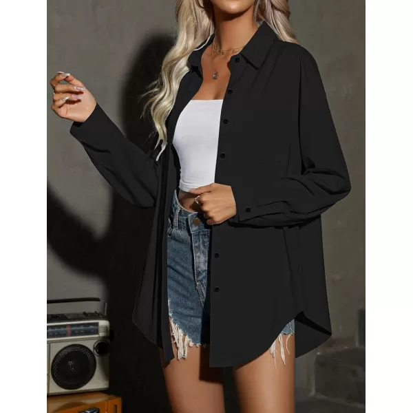 HOTOUCH Women Button Down Shirts Office Drop Shoulder Oversized Blouse Long Sleeve Boyfriend Dress Shirt with PocketsBlack