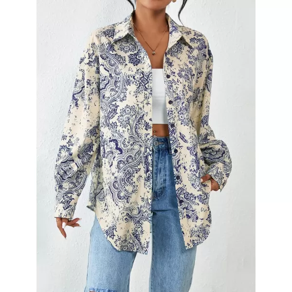 HOTOUCH Women Button Down Shirts Office Drop Shoulder Oversized Blouse Long Sleeve Boyfriend Dress Shirt with PocketsBlue Print