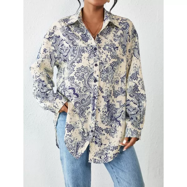 HOTOUCH Women Button Down Shirts Office Drop Shoulder Oversized Blouse Long Sleeve Boyfriend Dress Shirt with PocketsBlue Print