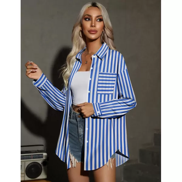 HOTOUCH Women Button Down Shirts Office Drop Shoulder Oversized Blouse Long Sleeve Boyfriend Dress Shirt with PocketsBlue Stripes