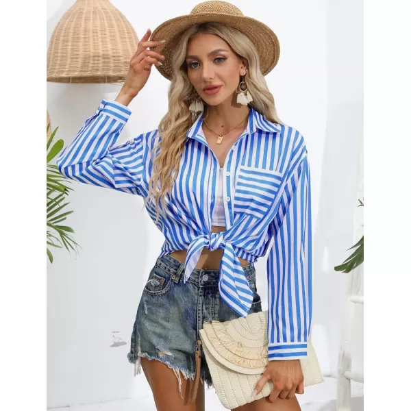 HOTOUCH Women Button Down Shirts Office Drop Shoulder Oversized Blouse Long Sleeve Boyfriend Dress Shirt with PocketsBlue Stripes