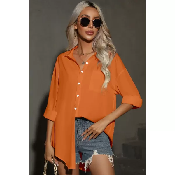 HOTOUCH Women Button Down Shirts Office Drop Shoulder Oversized Blouse Long Sleeve Boyfriend Dress Shirt with PocketsBurnt Orange