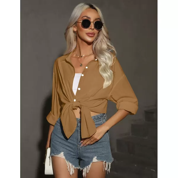 HOTOUCH Women Button Down Shirts Office Drop Shoulder Oversized Blouse Long Sleeve Boyfriend Dress Shirt with PocketsDark Khaki