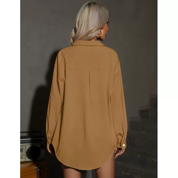 HOTOUCH Women Button Down Shirts Office Drop Shoulder Oversized Blouse Long Sleeve Boyfriend Dress Shirt with PocketsDark Khaki