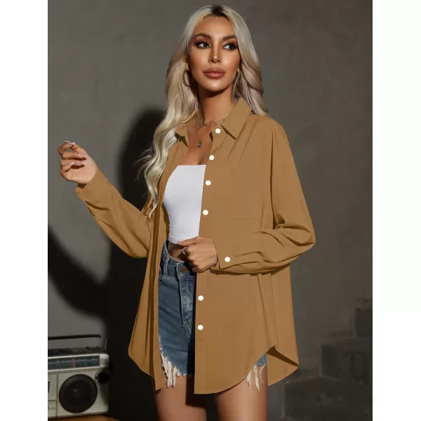 HOTOUCH Women Button Down Shirts Office Drop Shoulder Oversized Blouse Long Sleeve Boyfriend Dress Shirt with PocketsDark Khaki