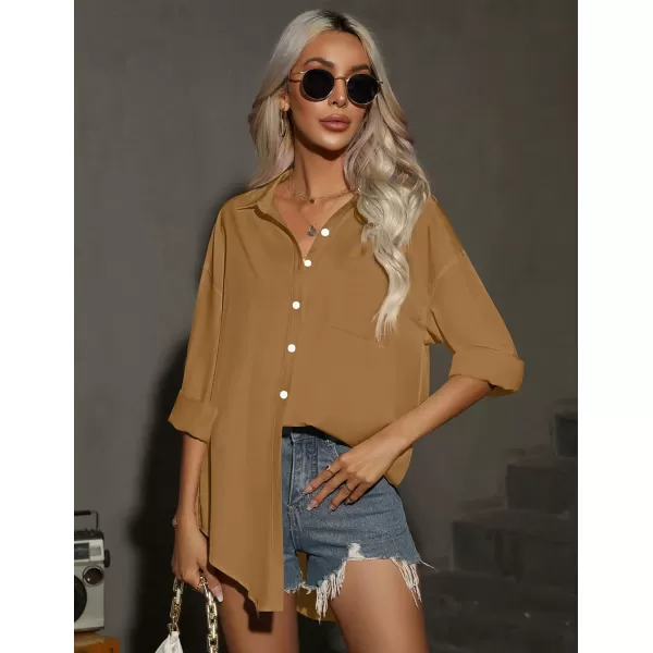 HOTOUCH Women Button Down Shirts Office Drop Shoulder Oversized Blouse Long Sleeve Boyfriend Dress Shirt with PocketsDark Khaki
