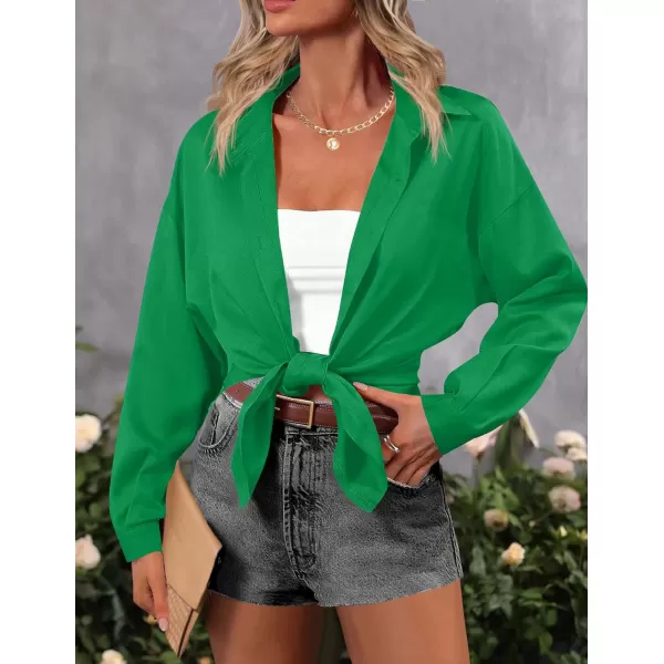 HOTOUCH Women Button Down Shirts Office Drop Shoulder Oversized Blouse Long Sleeve Boyfriend Dress Shirt with PocketsGreen