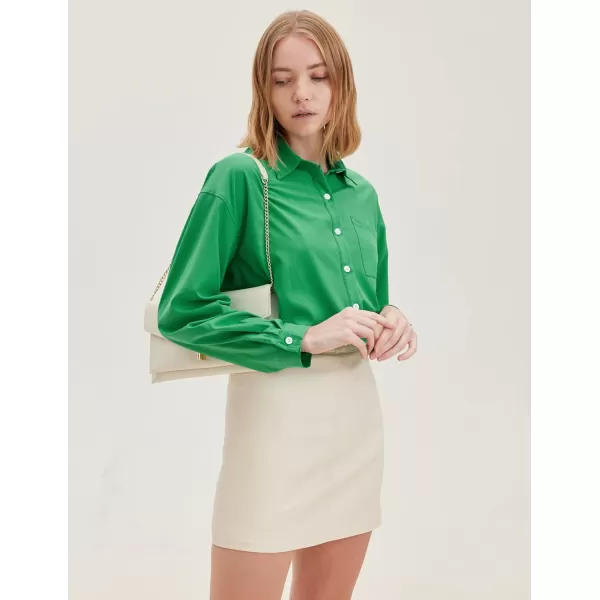 HOTOUCH Women Button Down Shirts Office Drop Shoulder Oversized Blouse Long Sleeve Boyfriend Dress Shirt with PocketsGreen