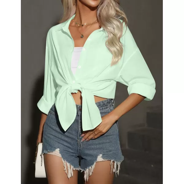 HOTOUCH Women Button Down Shirts Office Drop Shoulder Oversized Blouse Long Sleeve Boyfriend Dress Shirt with PocketsLight Green