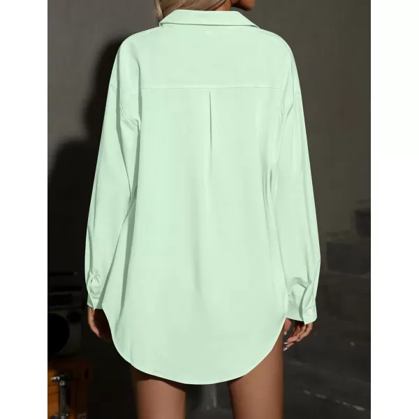 HOTOUCH Women Button Down Shirts Office Drop Shoulder Oversized Blouse Long Sleeve Boyfriend Dress Shirt with PocketsLight Green