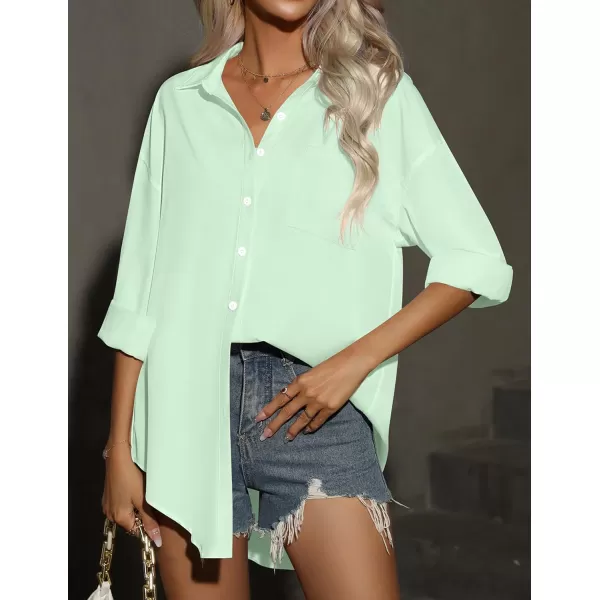HOTOUCH Women Button Down Shirts Office Drop Shoulder Oversized Blouse Long Sleeve Boyfriend Dress Shirt with PocketsLight Green