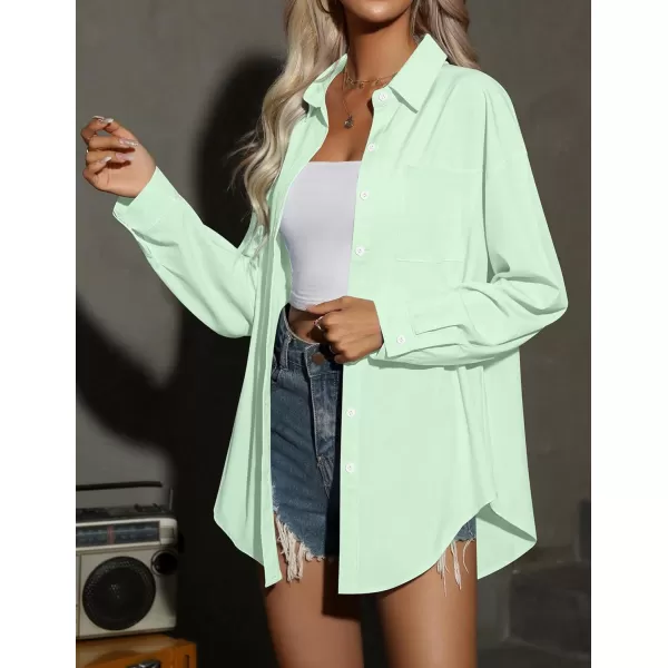 HOTOUCH Women Button Down Shirts Office Drop Shoulder Oversized Blouse Long Sleeve Boyfriend Dress Shirt with PocketsLight Green