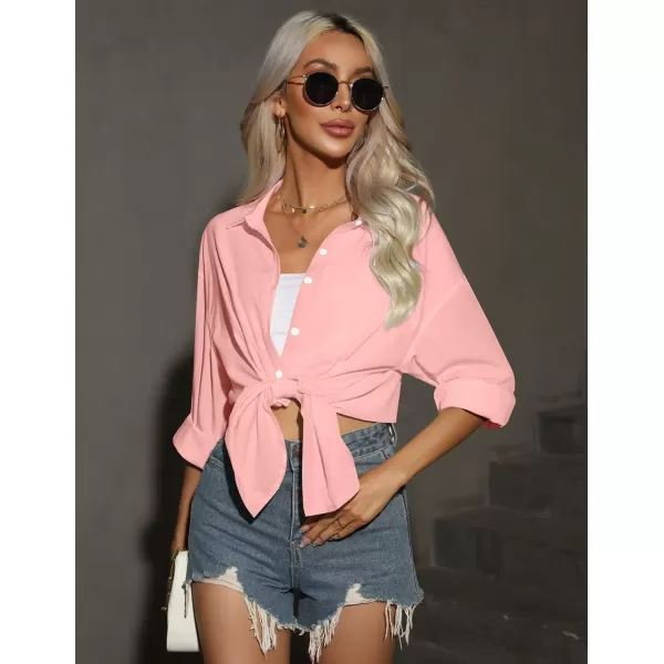 HOTOUCH Women Button Down Shirts Office Drop Shoulder Oversized Blouse Long Sleeve Boyfriend Dress Shirt with PocketsLight Pink