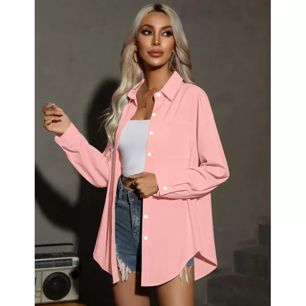HOTOUCH Women Button Down Shirts Office Drop Shoulder Oversized Blouse Long Sleeve Boyfriend Dress Shirt with PocketsLight Pink