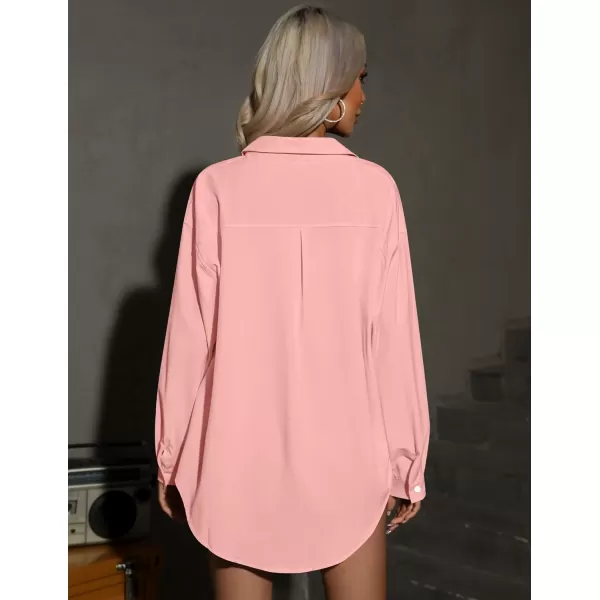 HOTOUCH Women Button Down Shirts Office Drop Shoulder Oversized Blouse Long Sleeve Boyfriend Dress Shirt with PocketsLight Pink