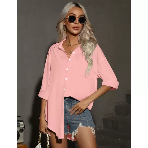 HOTOUCH Women Button Down Shirts Office Drop Shoulder Oversized Blouse Long Sleeve Boyfriend Dress Shirt with PocketsLight Pink