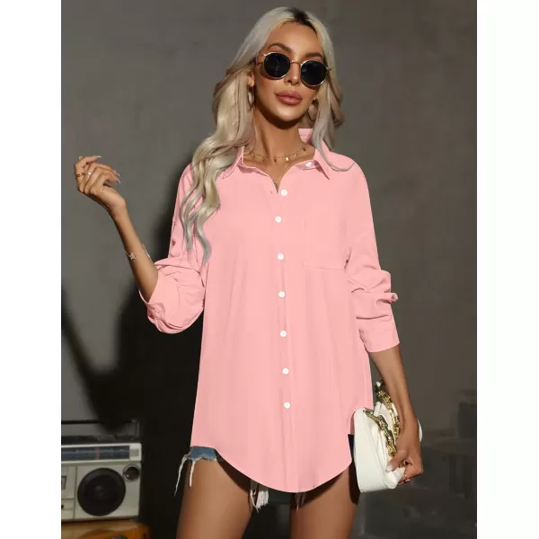 HOTOUCH Women Button Down Shirts Office Drop Shoulder Oversized Blouse Long Sleeve Boyfriend Dress Shirt with PocketsLight Pink