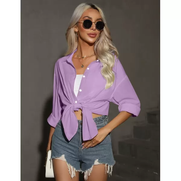 HOTOUCH Women Button Down Shirts Office Drop Shoulder Oversized Blouse Long Sleeve Boyfriend Dress Shirt with PocketsPurple