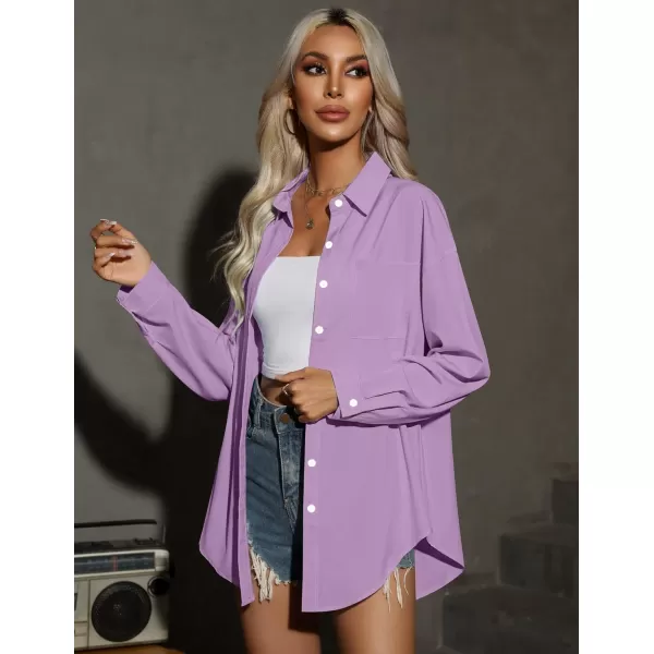 HOTOUCH Women Button Down Shirts Office Drop Shoulder Oversized Blouse Long Sleeve Boyfriend Dress Shirt with PocketsPurple