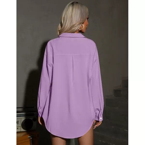 HOTOUCH Women Button Down Shirts Office Drop Shoulder Oversized Blouse Long Sleeve Boyfriend Dress Shirt with PocketsPurple