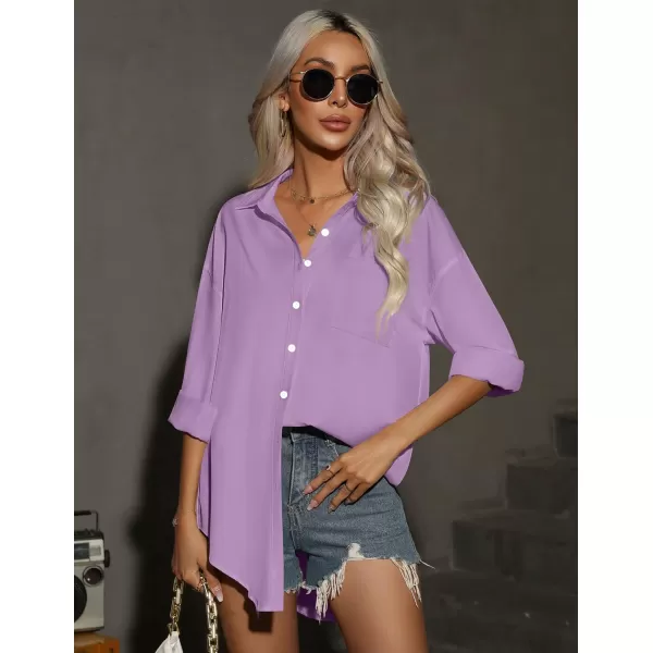 HOTOUCH Women Button Down Shirts Office Drop Shoulder Oversized Blouse Long Sleeve Boyfriend Dress Shirt with PocketsPurple