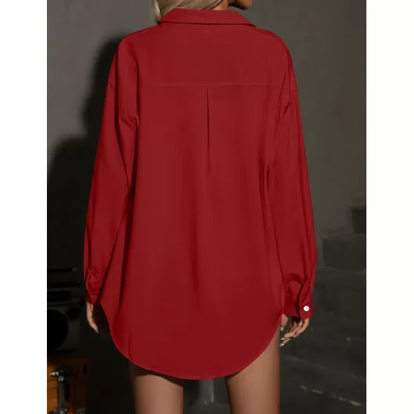 HOTOUCH Women Button Down Shirts Office Drop Shoulder Oversized Blouse Long Sleeve Boyfriend Dress Shirt with PocketsRed