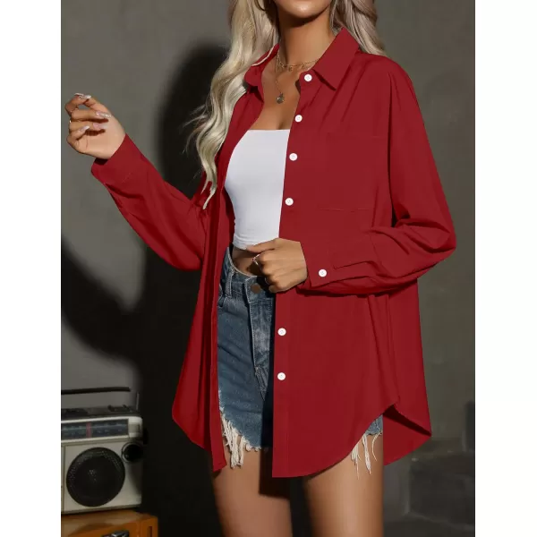 HOTOUCH Women Button Down Shirts Office Drop Shoulder Oversized Blouse Long Sleeve Boyfriend Dress Shirt with PocketsRed