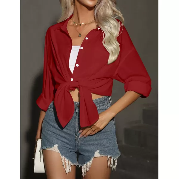 HOTOUCH Women Button Down Shirts Office Drop Shoulder Oversized Blouse Long Sleeve Boyfriend Dress Shirt with PocketsRed