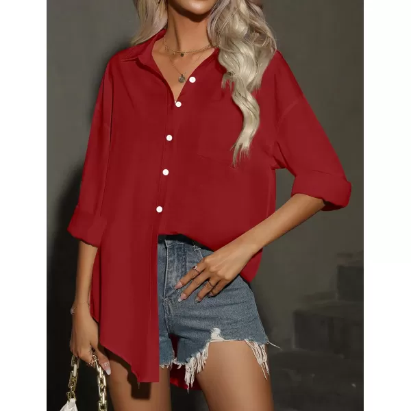 HOTOUCH Women Button Down Shirts Office Drop Shoulder Oversized Blouse Long Sleeve Boyfriend Dress Shirt with PocketsRed