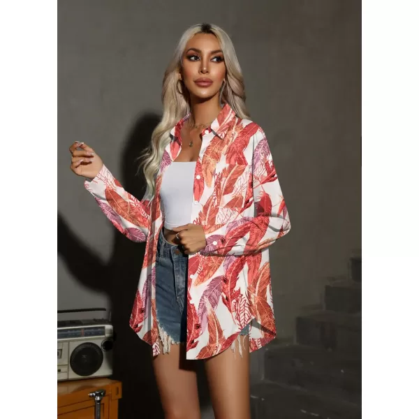 HOTOUCH Women Button Down Shirts Office Drop Shoulder Oversized Blouse Long Sleeve Boyfriend Dress Shirt with PocketsRed Leaves