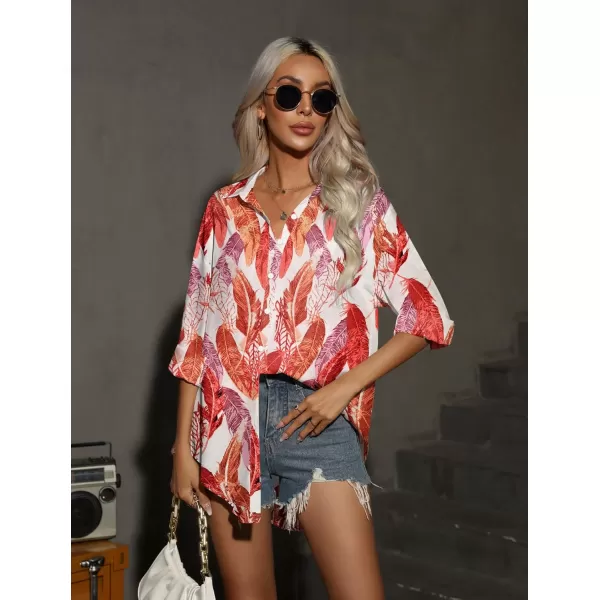 HOTOUCH Women Button Down Shirts Office Drop Shoulder Oversized Blouse Long Sleeve Boyfriend Dress Shirt with PocketsRed Leaves