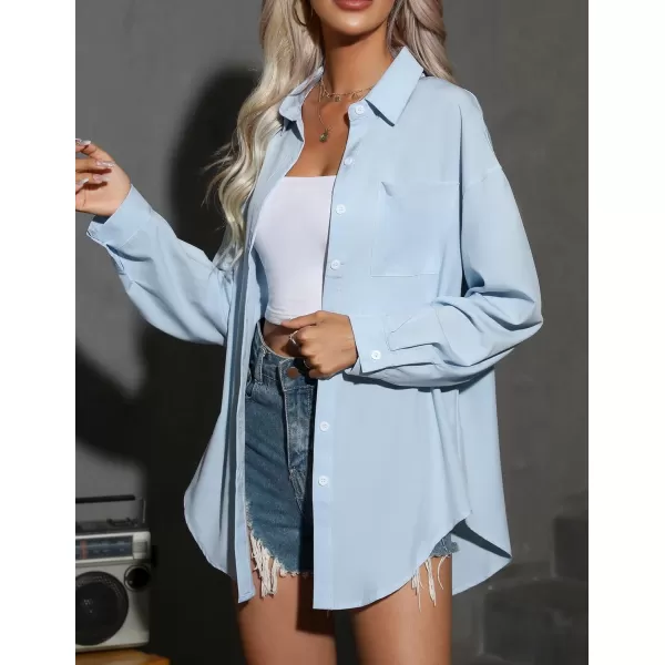 HOTOUCH Women Button Down Shirts Office Drop Shoulder Oversized Blouse Long Sleeve Boyfriend Dress Shirt with PocketsSky Blue