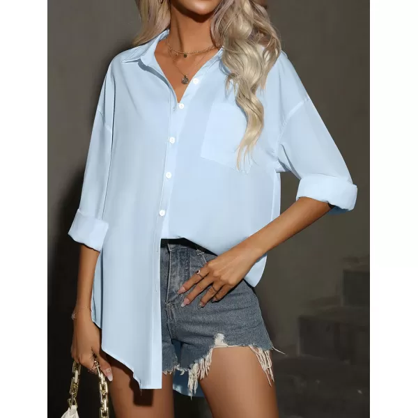 HOTOUCH Women Button Down Shirts Office Drop Shoulder Oversized Blouse Long Sleeve Boyfriend Dress Shirt with PocketsSky Blue
